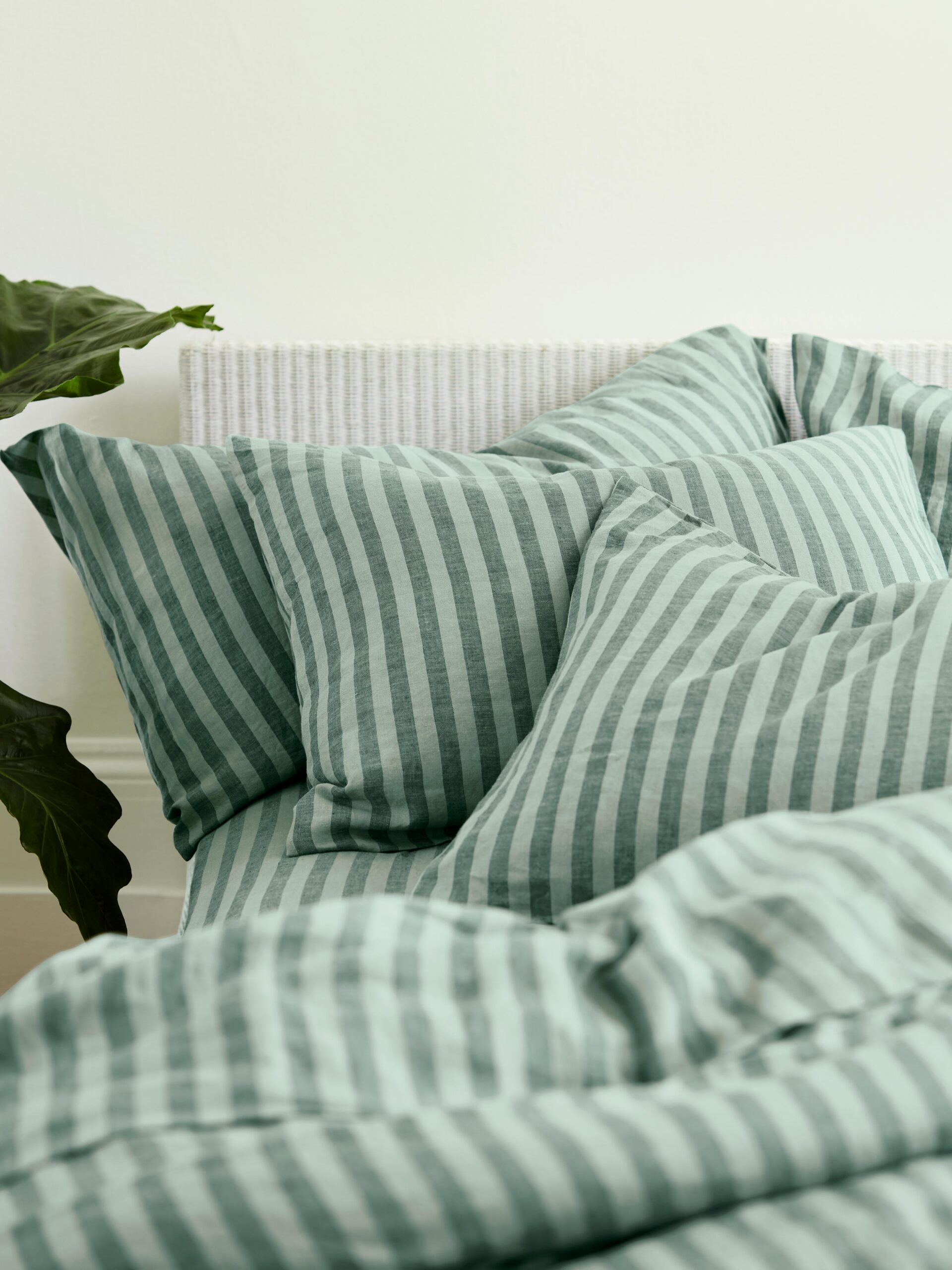 Pine Green Striped Linen Pillowcase Pair
