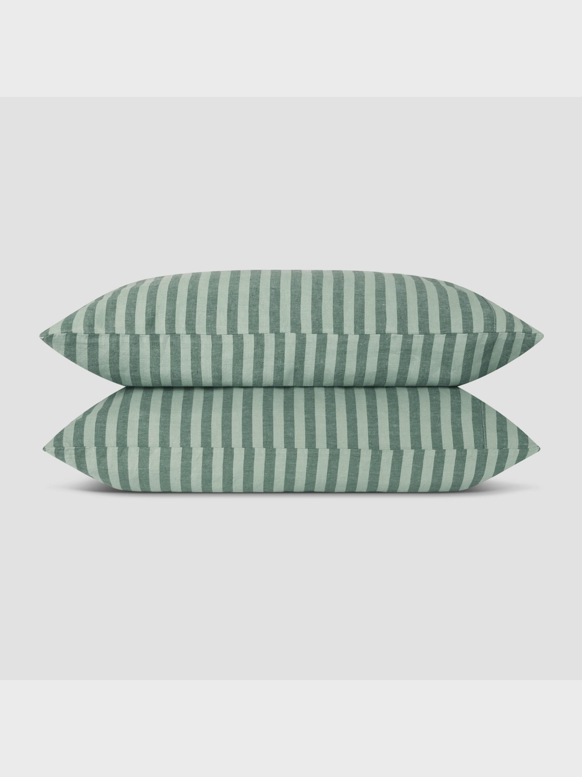 Pine Green Striped Linen Pillowcase Pair - Image 2