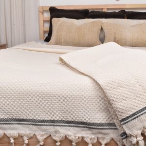 Turkish Throw Blanket, Navy Blue Striped Blanket, 91x93 Inches Designer Bedspread