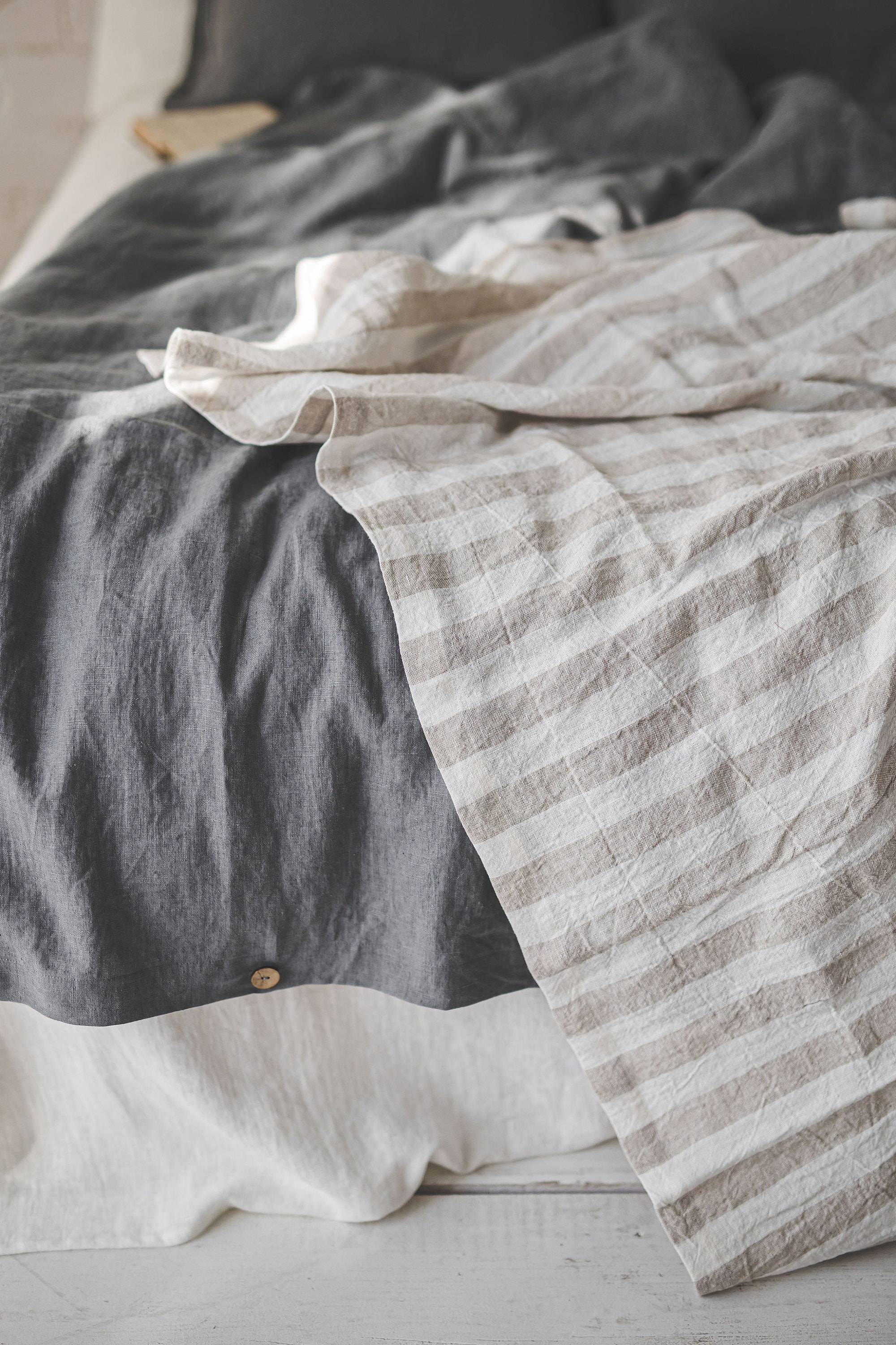 Natural linen throw blanket with white and natural stripes. Softened linen summer blanket, Heavier weight stonewashed linen blanket. - Image 2