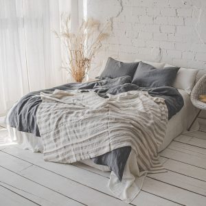 Natural linen throw blanket with white and natural stripes. Softened linen summer blanket, Heavier weight stonewashed linen blanket.