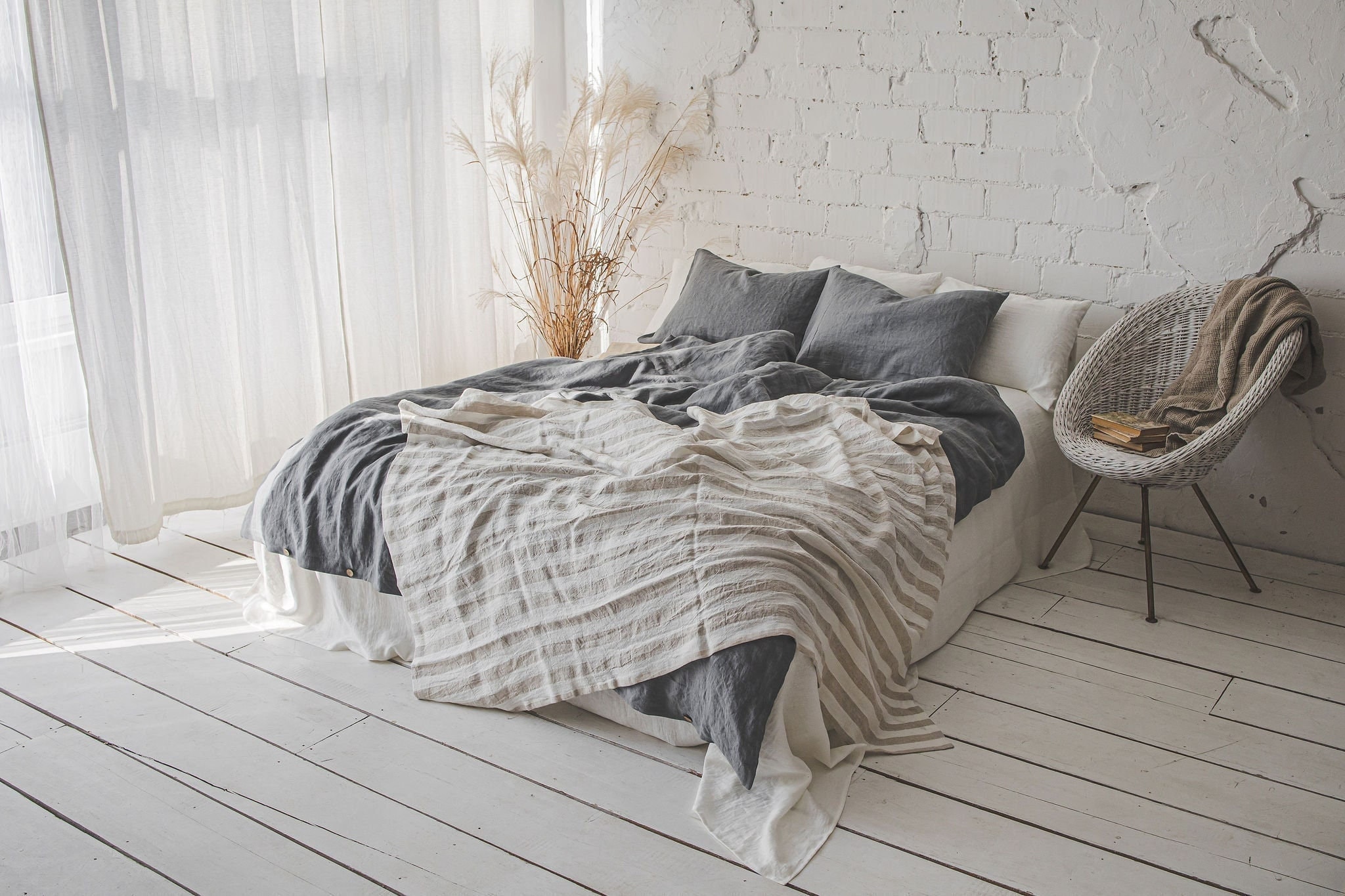 Natural linen throw blanket with white and natural stripes. Softened linen summer blanket, Heavier weight stonewashed linen blanket.
