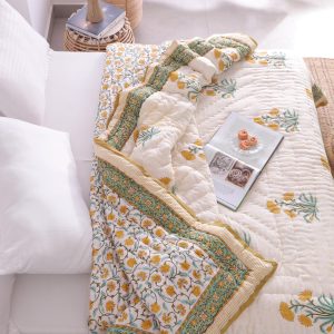 Hand Block Print Cotton Quilt, Reversible Mughal Floral Bedspread