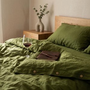 Moss Green Cotton Bedding Set Natural Washed Cotton Duvet Cover Soft Breathable Bed Set, Natural Fabric Duvet Cover Minimalist Bedroom Decor